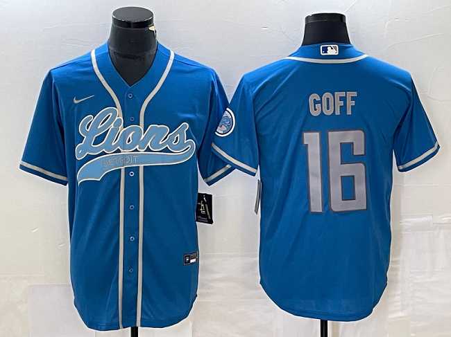 Men%27s Detroit Lions #16 Jared Goff Blue Cool Base Stitched Baseball Jersey